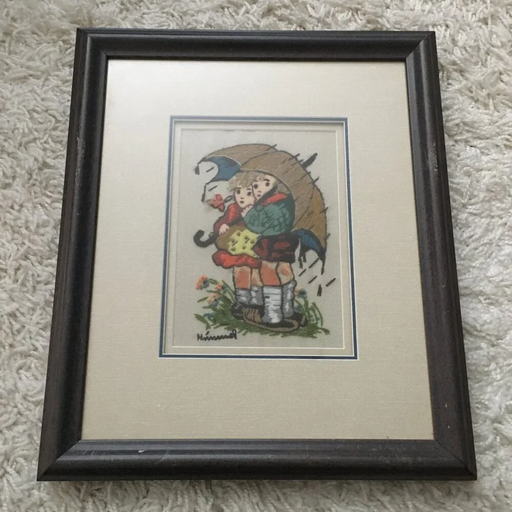 Vintage Hummel Needlework Children In The Rain 3D Embroidery Professional Frame - Picture 2 of 12